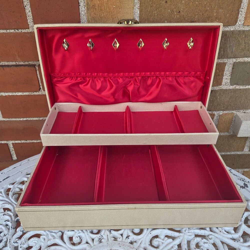 Vintage Jewelry Chest Box 2 Tier Red Satin Lined Organizer 14" Mid Century